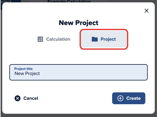 Screenshot of the Cinema Calc app with a red box around creating new projects