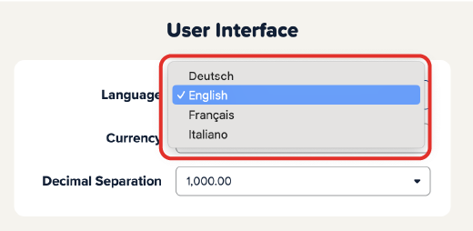 Screenshot of the Cinema Calc app with a red box around the language selection