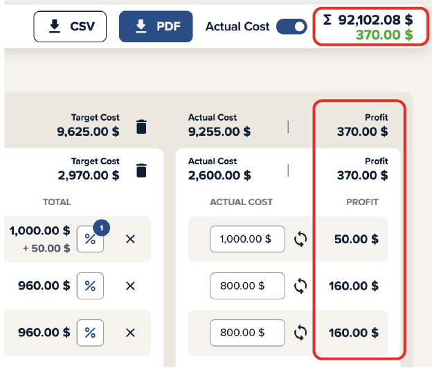 Screenshot of the Cinema Calc app where you can see both the profit per line and the total profit of the project