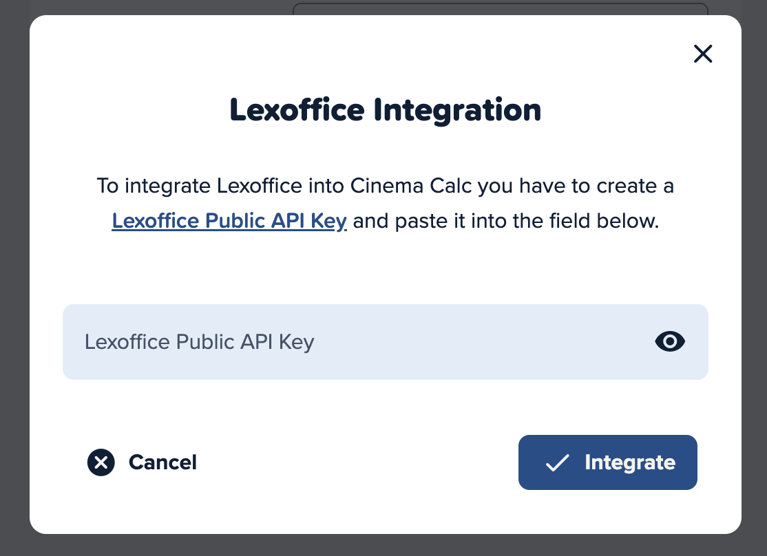 Screenshot of the Cinema Calc app with the Lexware Office Public Key view.
