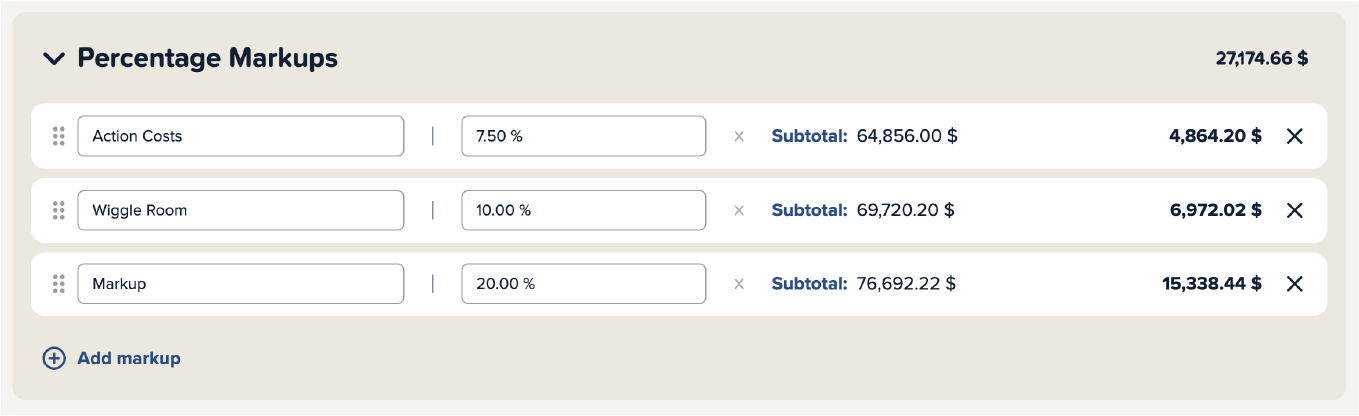 Screenshot of percentage markups in Cinema Calc