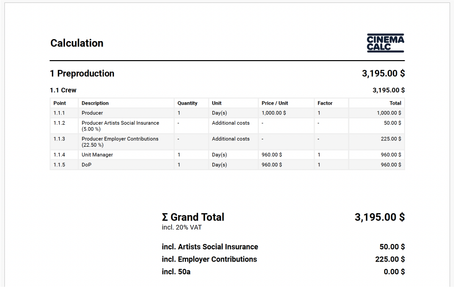 Screenshot of Extra Costs in the PDF