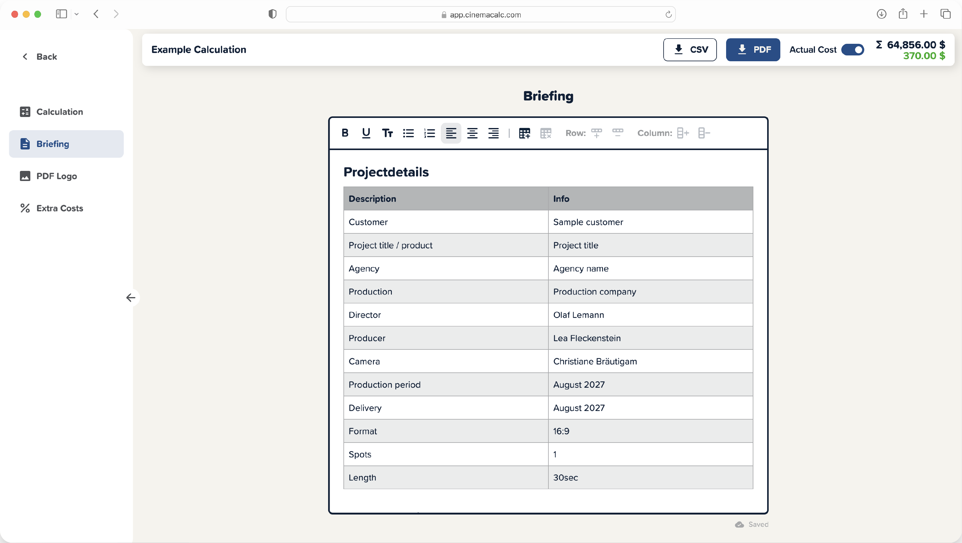 Screenshot of Cinema Calc Production Briefing