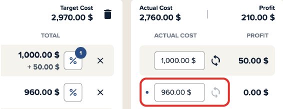 Screenshot of an Actual Costs field where the dot next to the number is visible, indicating the activation of the link between target and actual costs
