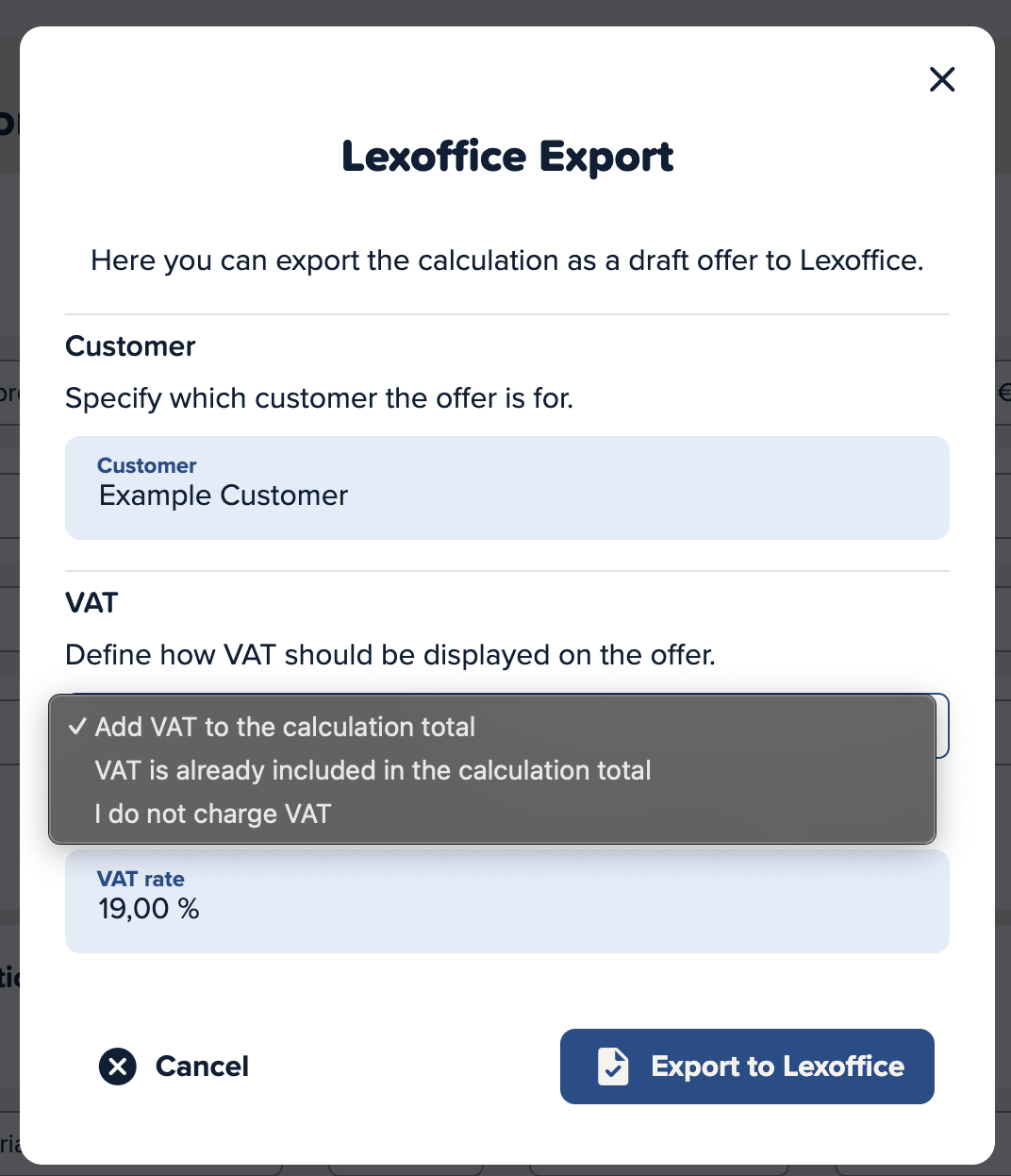 Screenshot of the Cinema Calc app with the export settings.