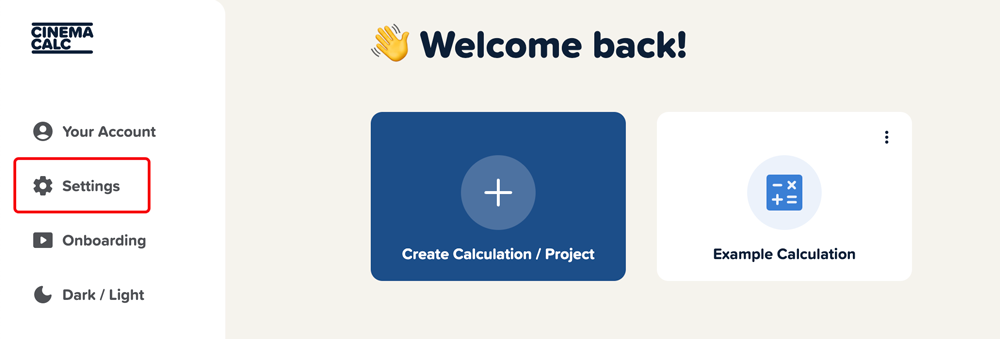 Screenshot of the Cinema Calc app with the home page view.