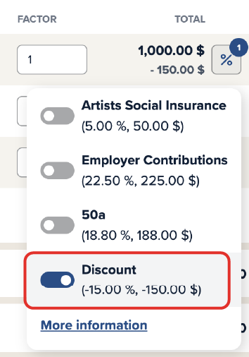 Screenshot of the Cinema Calc app with a red box around the discount on a position