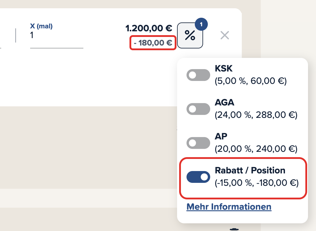 Screenshot der Cinema Calc App mit einem roten Kasten um den Rabatt an einer Position