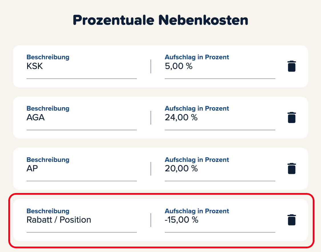 Screenshot der Cinema Calc App mit einem roten Kasten um die negative Variable