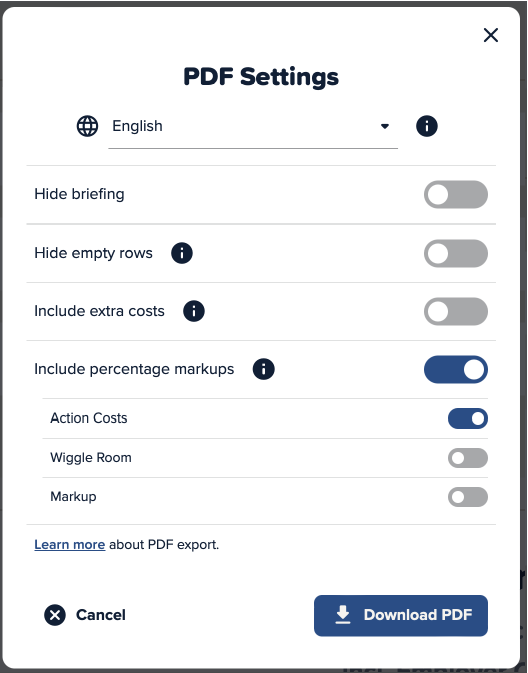 Screenshot of Cinema Calc PDF Export Settings