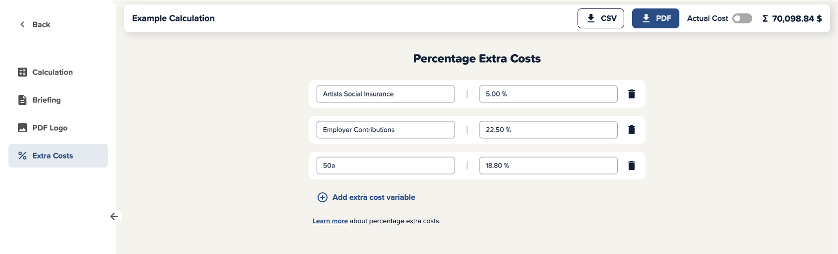 Screenshot of Cinema Calc Extra Costs Settings